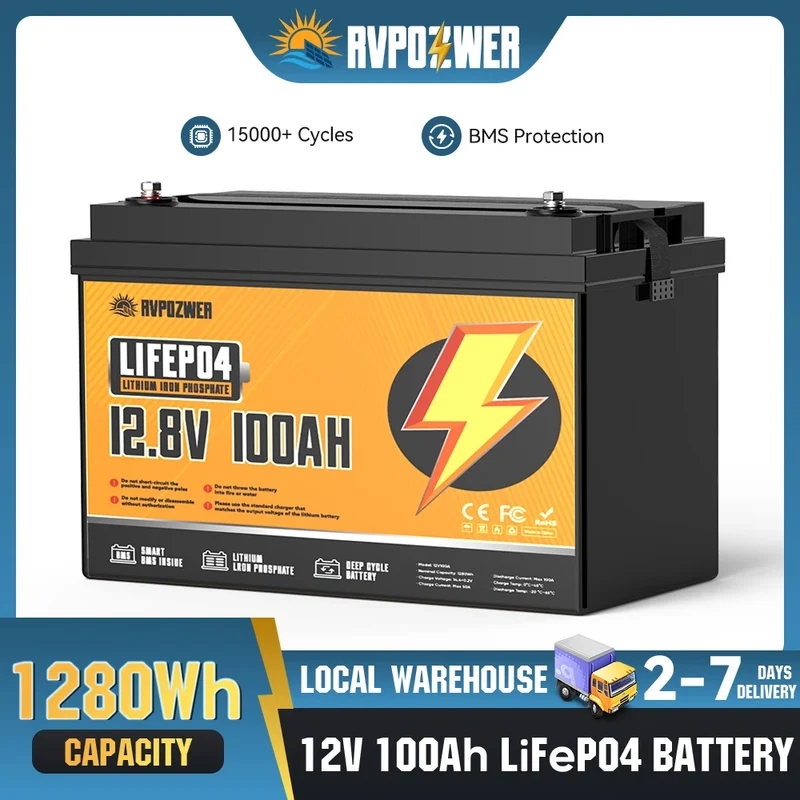 RVPOZWER 12V 100Ah LiFePO4 Lithium Battery 1280Wh 15000+ Deep Cycles RV Marine Trolling Motors Off-grid Rechargeable Batteries