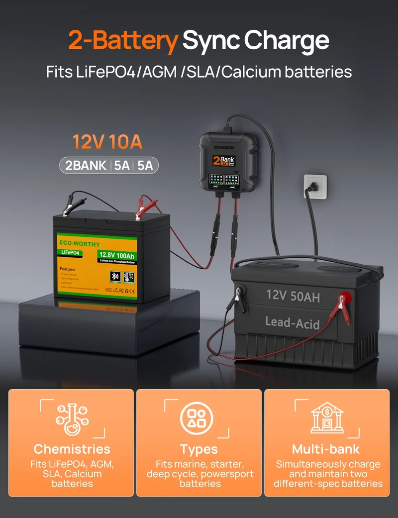 ECO-Worthy 2-Bank Marine Battery Charger 10A (5A/Bank), IP68 Waterproof 12V Charger & Maintainer for Boat RV Car