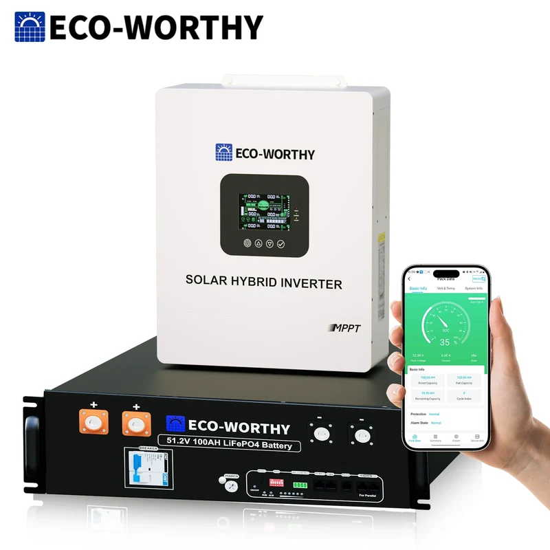 ECO-WORTHY Home Backup Power 48V 100Ah LiFePO4 Lithium Battery Bluetooth | UL1973 & UL9540A & CEC +5kW 48V Off-grid Inverter