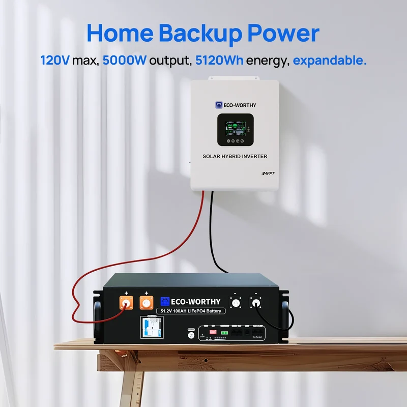 ECO-WORTHY Home Backup Power 48V 100Ah LiFePO4 Lithium Battery Bluetooth | UL1973 & UL9540A & CEC +5kW 48V Off-grid Inverter