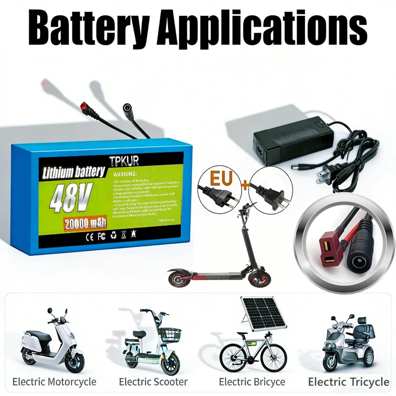 TPKUR 48V Rechargeable Lithium Battery 10Ah 12Ah 18Ah 20Ah 18650 with BMS Suitable for Electric Scoote Motor System