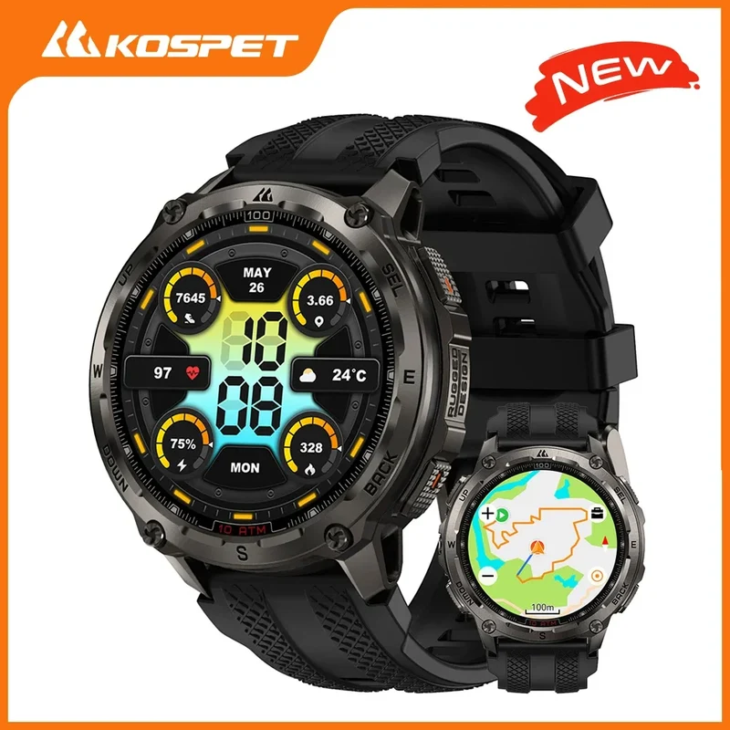 KOSPET Tank T4 Men's Rugged Smart Watch Military Grade GPS Stainless Steel 100M Waterproof 45M Freediving 24/7 Health Monitor