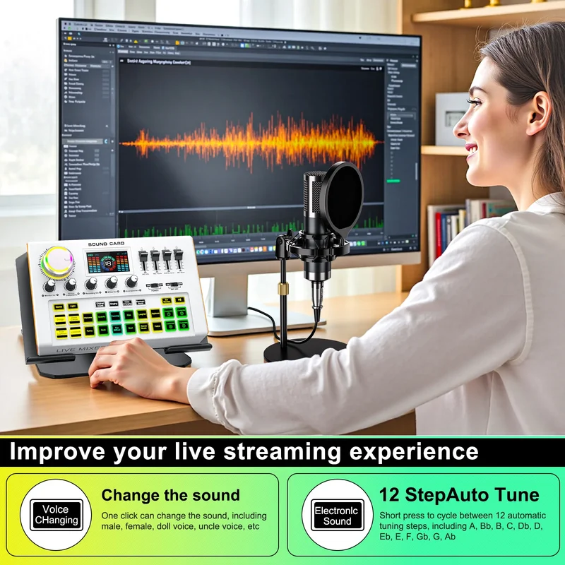 Tenlamp Y300-P15B Professional Podcast Equipment Bundle Kit for 4 People, Studio Sound Card with 3.5mm Condenser Mic for PC Smartphone Laptop Computer , Live Audio Mixer Voice Changer for Streaming Singing Gaming Recording V