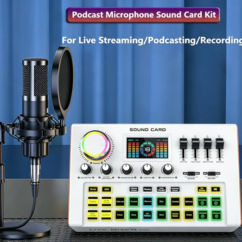 Tenlamp Y300-P15B Professional Podcast Equipment Bundle Kit for 4 People, Studio Sound Card with 3.5mm Condenser Mic for PC Smartphone Laptop Computer , Live Audio Mixer Voice Changer for Streaming Singing Gaming Recording V
