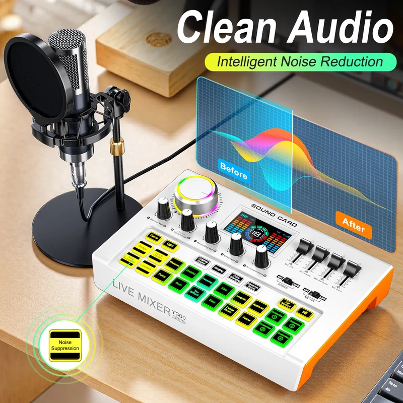 Tenlamp Y300-P15B Professional Podcast Equipment Bundle Kit for 4 People, Studio Sound Card with 3.5mm Condenser Mic for PC Smartphone Laptop Computer , Live Audio Mixer Voice Changer for Streaming Singing Gaming Recording V