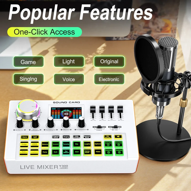 Tenlamp Y300-P15B Professional Podcast Equipment Bundle Kit for 4 People, Studio Sound Card with 3.5mm Condenser Mic for PC Smartphone Laptop Computer , Live Audio Mixer Voice Changer for Streaming Singing Gaming Recording V