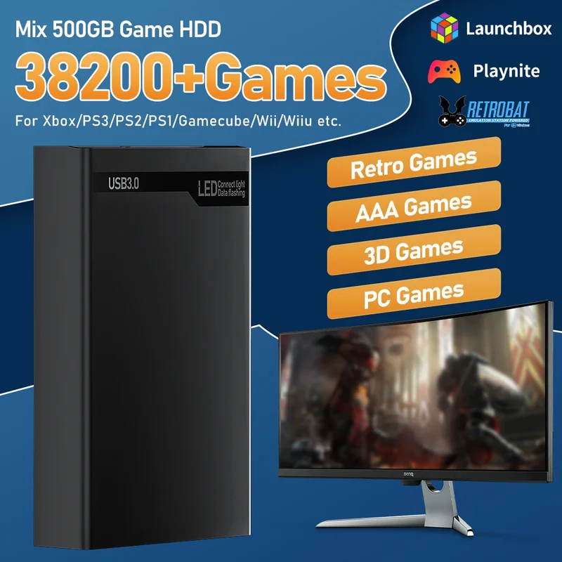 Mix 500GB Gaming HDD Retro Video Game Console Retrobat＆Playnite＆Launchbox OS for XBOX/PS3/PS2/Switch/Wii/WiiU with 38000+Games