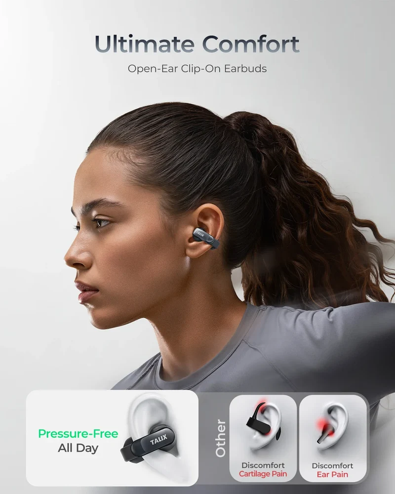 TALIX AuraHalo G1 Clip-On Earbuds 5.3 Bluetooth Wireless Open-Ear Earbuds Noise Cancelling Ultra-Light 4 Mics Immersive Sound