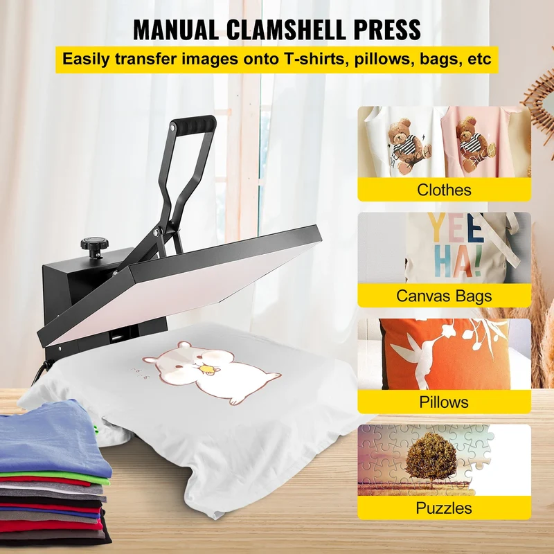 SucceBuy Heat Press Machine 15" x 15" /16" x 20" /16" x 24" Sublimation Printer Manual Clamshell Transfer on DIY T-shirt Pillow