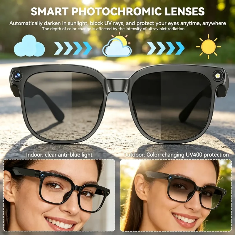 AI smart glasses with cameras, 8-megapixel camera glasses, 1080P stabilized video recording glasses, real-time translation, AI voice assistant, object recognition, men's and women's Bluetooth sunglasses (color-changing), life