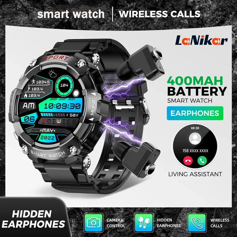 LaNikar Smart Watch AMOLED Display With In-Ear Bluetooth Headset Heart Rate Blood Pressure Oxygen Saturation Monitoring HD Audio