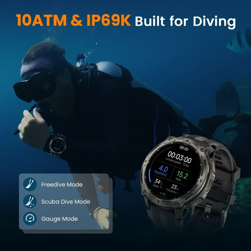 KOSPET Tank T4 Men's Rugged Smart Watch Military Grade GPS Stainless Steel 100M Waterproof 45M Freediving 24/7 Health Monitor
