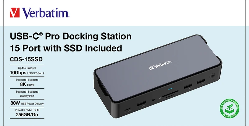 Verbatim Docking Station, USB-C Pro, CDS-15SSD, 15-Port 4x USB 2.0/3.2-A, 2x USB 3.2-C, 2x HDMI 8K, DP, RJ45, Audio, SD/micSD, SSD 256GB
