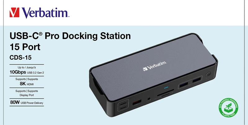 Verbatim Docking Station, USB-C Pro, CDS-15, 15-Port 4x USB 2.0/3.2-A, 2x USB 3.2-C, 2x HDMI 8K, DP, RJ45, Audio, SD, microSD, Retail