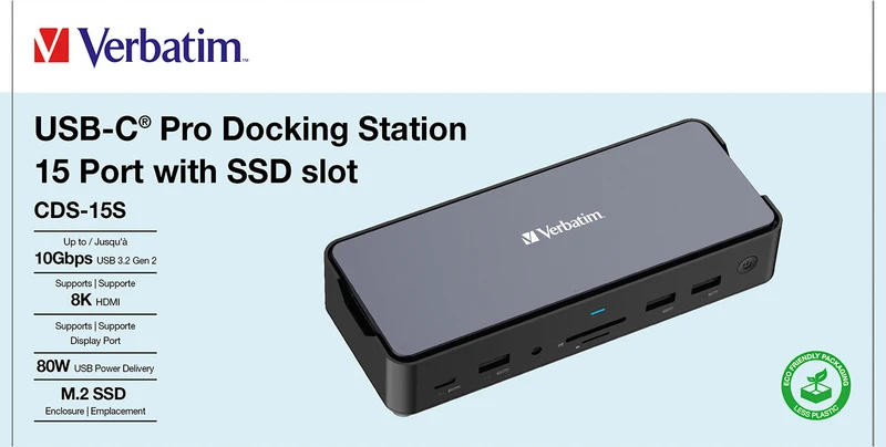 Verbatim Docking Station, USB-C Pro, CDS-15S, 15-Port 4x USB 2.0/3.2-A, 2x USB 3.2-C, 2x HDMI 8K, DP, RJ45, Audio, SD, microSD, SSD M2