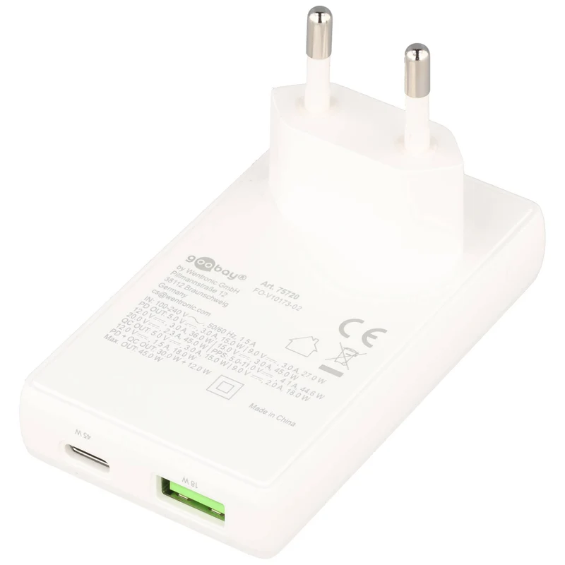 Goobay Multi Fast Charger 45 W – USB-C PD GaN Dual-Schnellladegerät mit 90° Flat Design
