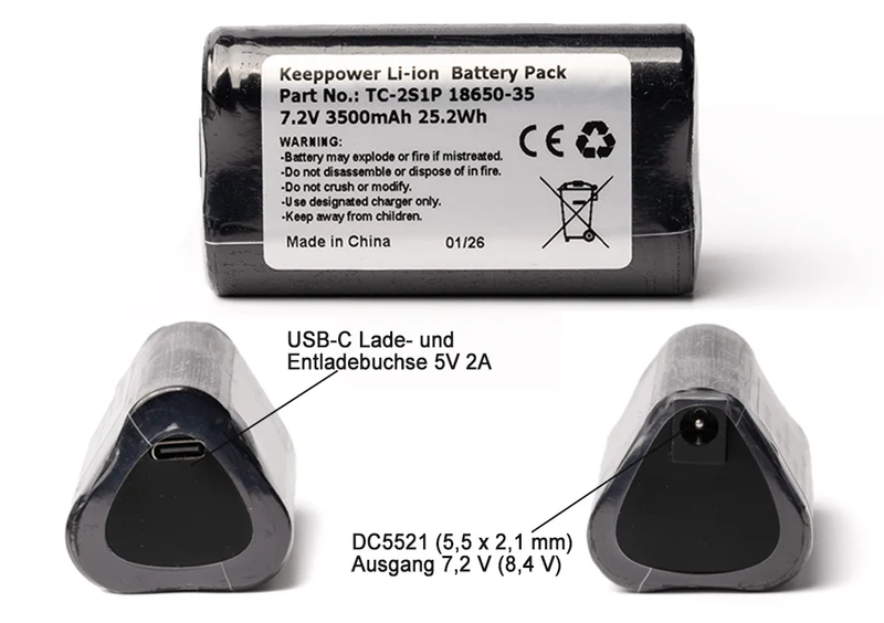 Keeppower 2S1P 18650 Akkupack 7,2V 3500mAh 25,2Wh mit Type-C und DC5521 (5,5 x 2,1 mm) Ausgang
