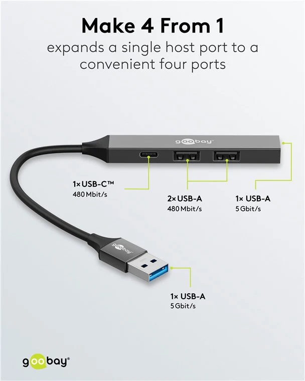 Goobay Slim 4-Port USB-Hub, USB-A auf USB-C™/USB-A, USB 3.2 - USB-A-Stecker (USB 3.2) > 1x USB-A-Buchse (USB 3.2), 1x USB-C™-Buchse (USB 2.0), 2x USB-A-Buchse (USB 2.0)