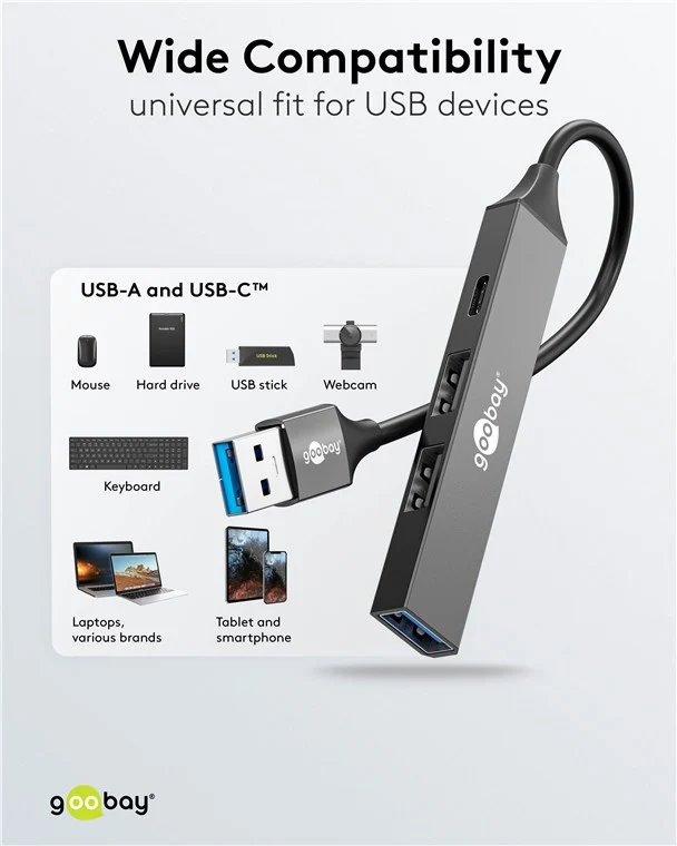 Goobay Slim 4-Port USB-Hub, USB-A auf USB-C™/USB-A, USB 3.2 - USB-A-Stecker (USB 3.2) > 1x USB-A-Buchse (USB 3.2), 1x USB-C™-Buchse (USB 2.0), 2x USB-A-Buchse (USB 2.0)
