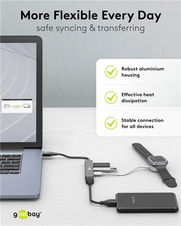 Goobay Slim 4-Port USB-Hub, USB-A auf USB-C™/USB-A, USB 3.2 - USB-A-Stecker (USB 3.2) > 1x USB-A-Buchse (USB 3.2), 1x USB-C™-Buchse (USB 2.0), 2x USB-A-Buchse (USB 2.0)