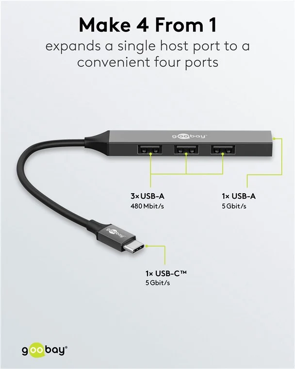 Goobay Slim 4-Port USB-Hub, USB-C™ auf USB-A, USB 3.2 - USB-C™-Stecker (USB 3.2) > 1x USB-A-Buchse (USB 3.2), 3x USB-A-Buchse (USB 2.0)