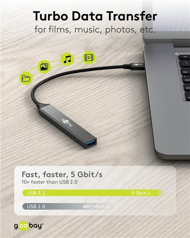 Goobay Slim 4-Port USB-Hub, USB-C™ auf USB-A, USB 3.2 - USB-C™-Stecker (USB 3.2) > 1x USB-A-Buchse (USB 3.2), 3x USB-A-Buchse (USB 2.0)