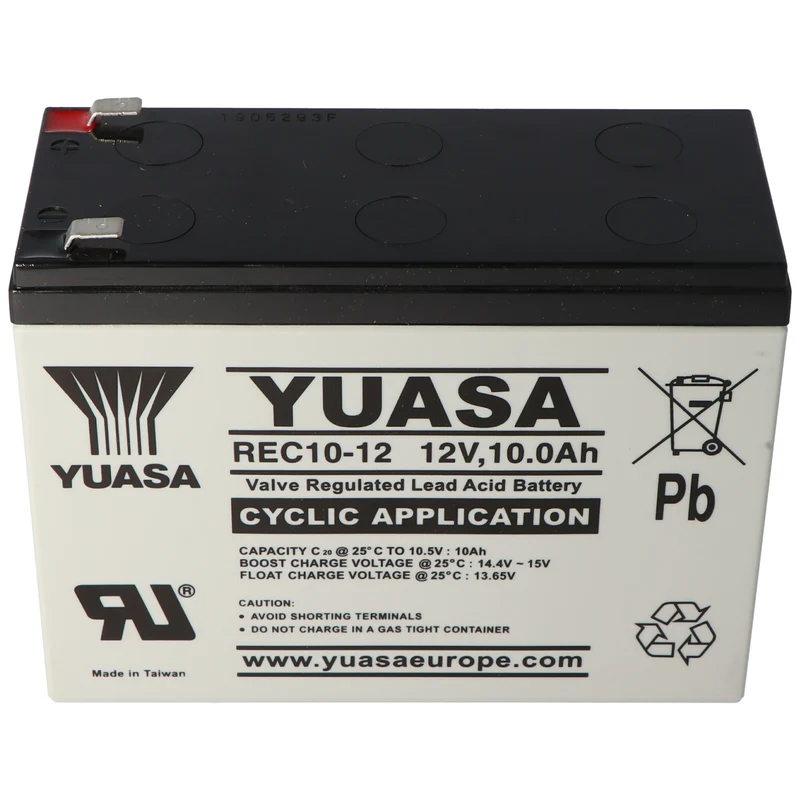 Yuasa Blei-Akku REC10-12 mit 12 Volt und 10Ah, 6,3mm Faston Steckkontakte