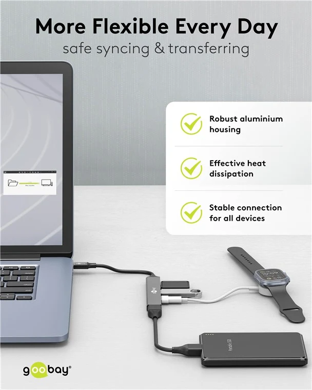 Goobay Slim 4-Port USB-Hub, USB-C™ auf USB-C™/USB-A, USB 3.2 - USB-C™-Stecker > 1x USB-A-Buchse (USB 3.2), 1x USB-C™-Buchse (USB 2.0), 2x USB-A-Buchse (USB 2.0)