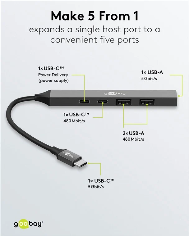 Goobay Slim 5-Port USB-Hub, USB-C™ auf USB-C™/USB-A, USB 3.2 - USB-C™-Stecker (USB 3.2) > 1x USB-C™-Buchse (USB 2.0), 1x USB-C™-Buchse (PD), 1x USB-A-Buchse (USB 3.2), 2x USB-A-Buchse (USB 2.0)