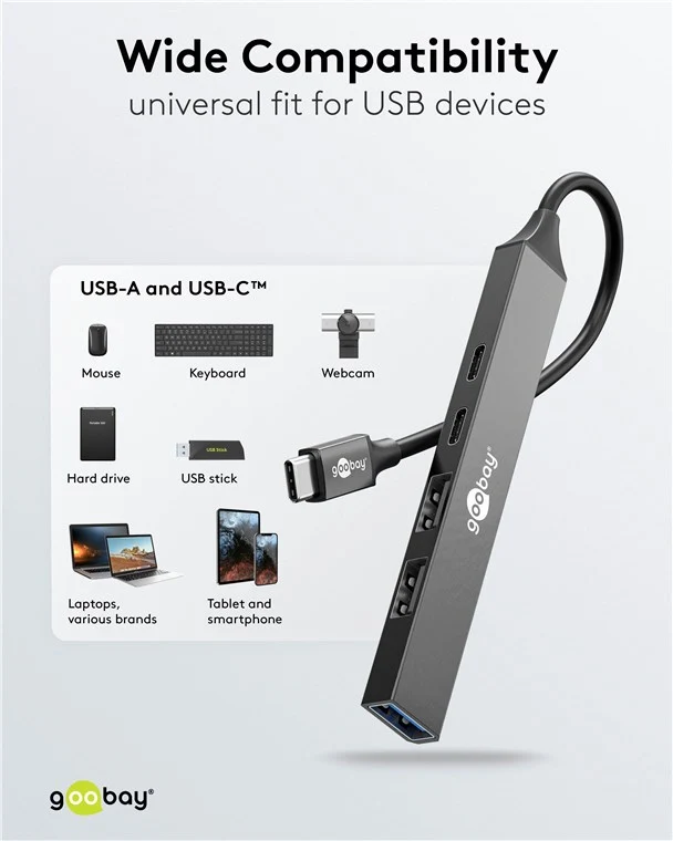 Goobay Slim 5-Port USB-Hub, USB-C™ auf USB-C™/USB-A, USB 3.2 - USB-C™-Stecker (USB 3.2) > 1x USB-C™-Buchse (USB 2.0), 1x USB-C™-Buchse (PD), 1x USB-A-Buchse (USB 3.2), 2x USB-A-Buchse (USB 2.0)