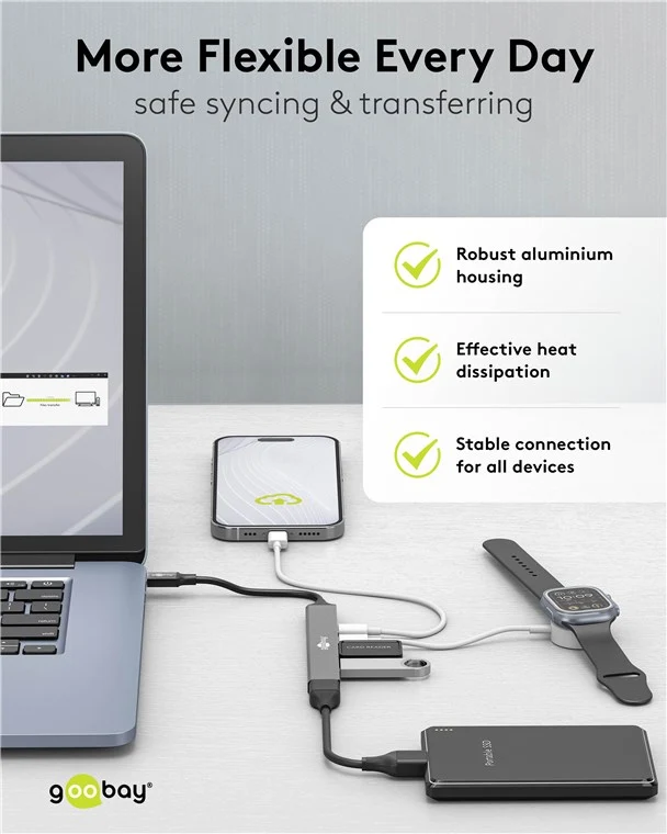 Goobay Slim 5-Port USB-Hub, USB-C™ auf USB-C™/USB-A, USB 3.2 - USB-C™-Stecker (USB 3.2) > 1x USB-C™-Buchse (USB 2.0), 1x USB-C™-Buchse (PD), 1x USB-A-Buchse (USB 3.2), 2x USB-A-Buchse (USB 2.0)