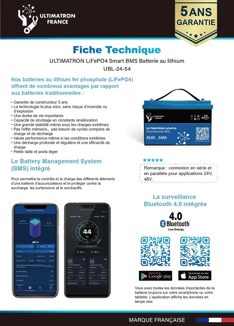 Batterie connectée Lithium LiFePO4 24V 50Ah, série UBL