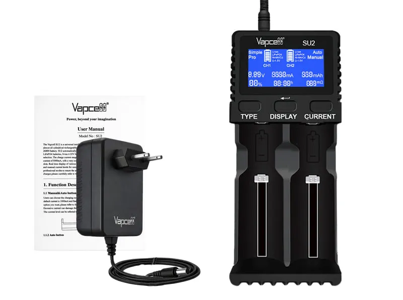 Vapcell SU2 – leistungsstarkes 2-Schacht Schnellladegerät für Li-Ion, LiFePO4, NiMH/NiCd und 1,5V Li-Ion Akkus