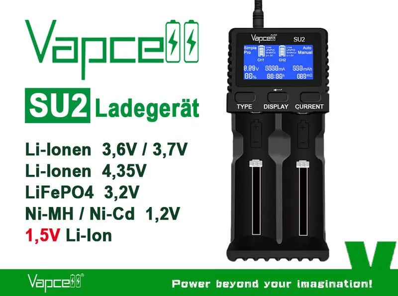 Vapcell SU2 – leistungsstarkes 2-Schacht Schnellladegerät für Li-Ion, LiFePO4, NiMH/NiCd und 1,5V Li-Ion Akkus