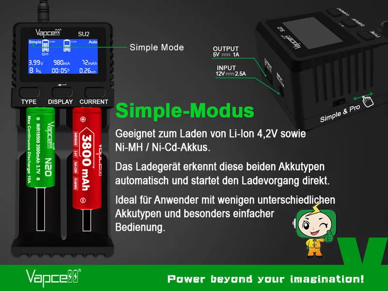 Vapcell SU2 – leistungsstarkes 2-Schacht Schnellladegerät für Li-Ion, LiFePO4, NiMH/NiCd und 1,5V Li-Ion Akkus