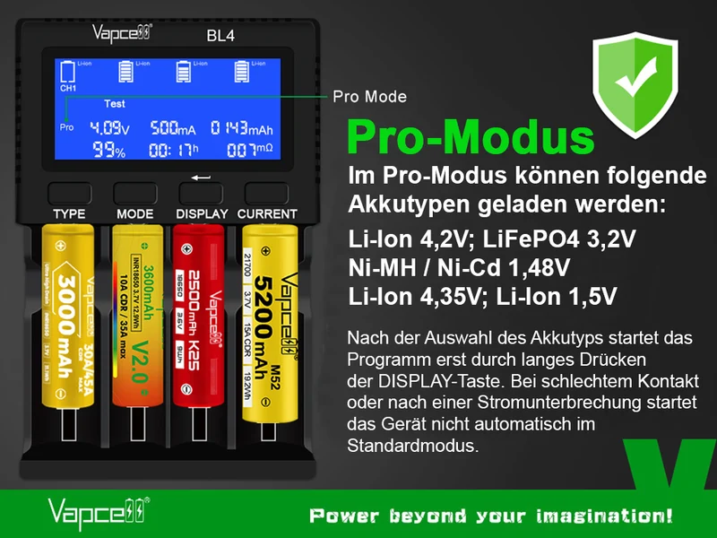 Vapcell BL4 Universal-Ladegerät mit 4 Schächten für Li-Ion, LiFePO4, NiMH und 1,5V Li-Ion Akkus