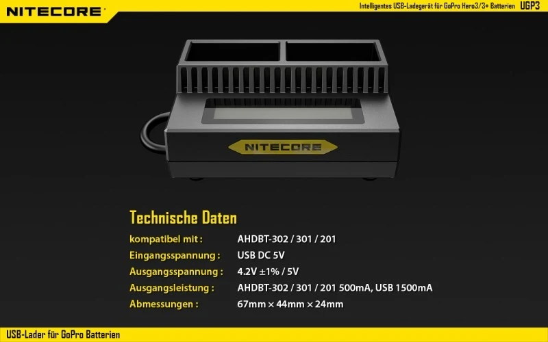 Nitecore USB-Ladegerät UGP3 für GoPro HERO3/3+ Akkus