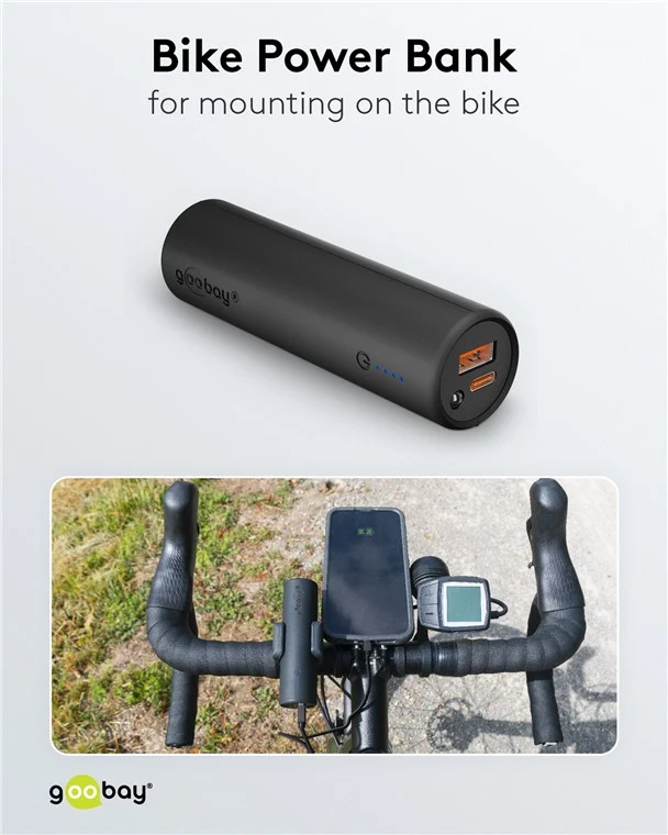 Goobay Bike-Powerbank mit 5000mAh, mobile Powerbank ideal zur Montage am Rahmen, mit USB-A und USB-C-Anschluss