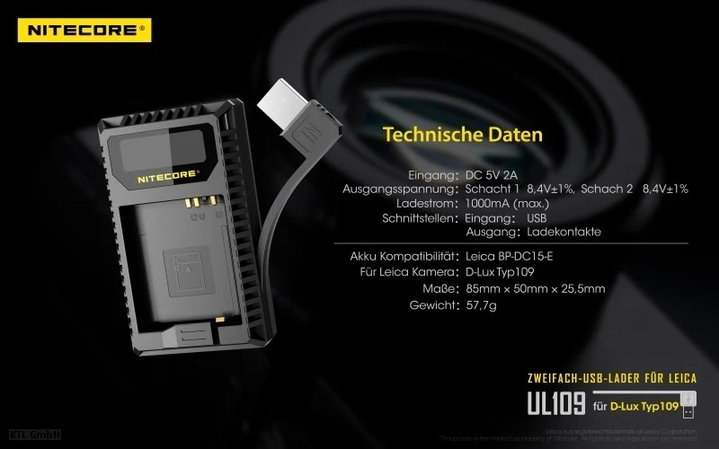 Nitecore UL109 USB-Ladegerät für Leica Cameras