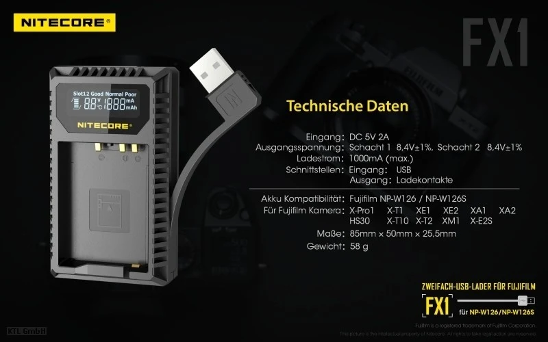 Nitecore FX1 USB-Ladegerät für Fuji Cameras