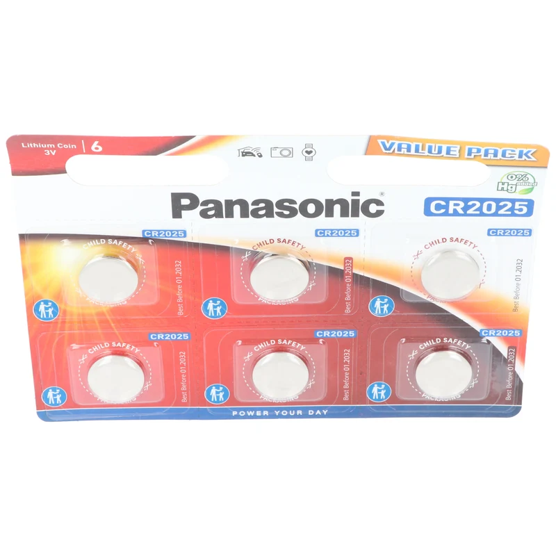 Panasonic Batterie Lithium, Knopfzelle, CR2025, 3V Electronics, Lithium Power, Retail Blister (6-Pack)