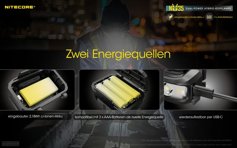 Nitecore Stirnlampe NU35 - Dual Power