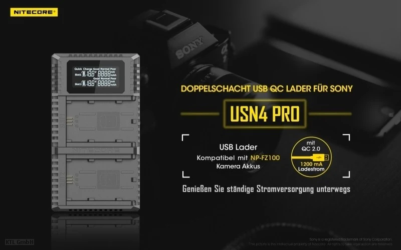 Nitecore USN4 PRO USB-Ladegerät für Sony NP-FZ100 Akku, 2fach Ladegerät