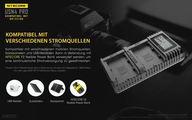 Nitecore USN4 PRO USB-Ladegerät für Sony NP-FZ100 Akku, 2fach Ladegerät