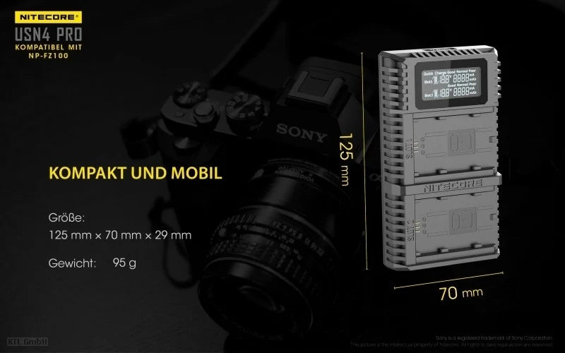 Nitecore USN4 PRO USB-Ladegerät für Sony NP-FZ100 Akku, 2fach Ladegerät