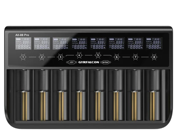 Enova Gyrfalcon All-88 Pro - 8fach Akkuladegerät für Li-Ion 1,5V; 3,6 - 3,7V LiFePO4 3,2V & NiMH