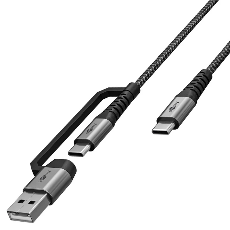 Goobay 2in1 USB-Ladekabel, spacegrau / silber, 3m 60W, 3 A, extrarobustes USB-C™-Ladekabel mit Adapter für USB-A-Geräte