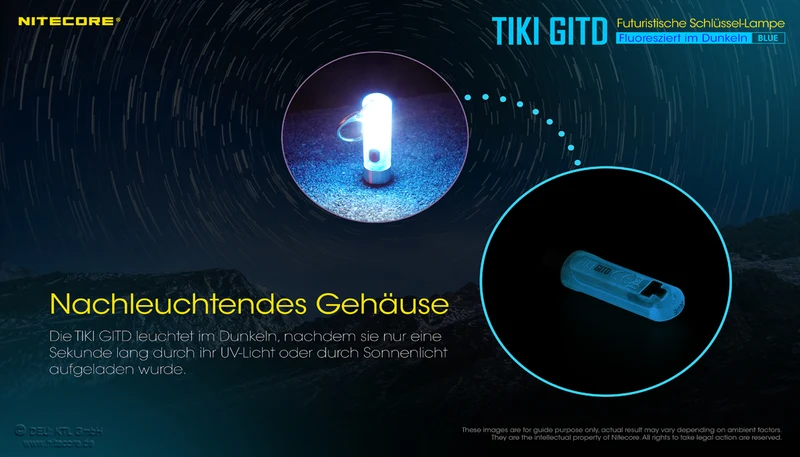 Nitecore TIKI GITD, Glow in the dark, mit UV LED, Schlüsselbundleuchte, wiederaufladbare Schlüsselanhängerlampe, blau