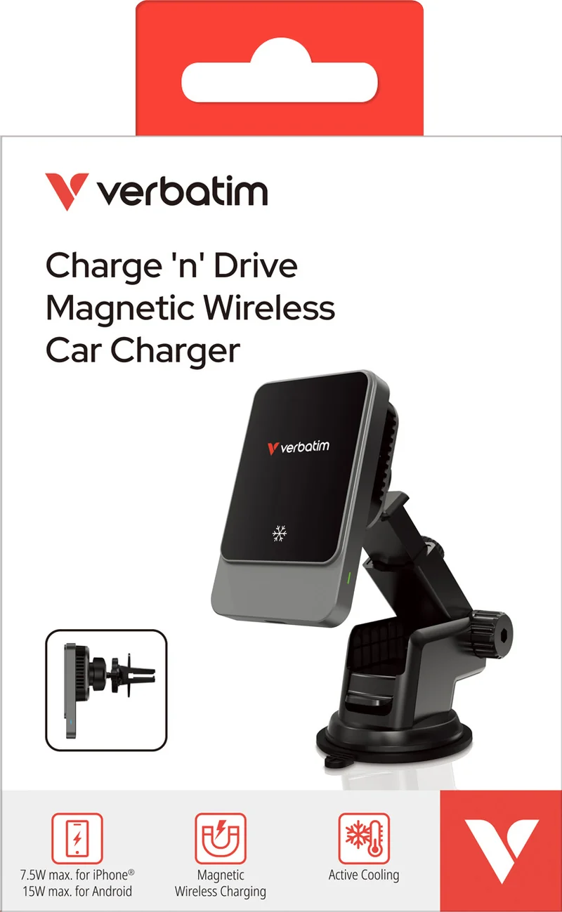 Verbatim Wireless Charger, KFZ, Qi, Magnetic, RGB, CND-03 15W, Kabel USB-C, 1m, schwarz, Retail