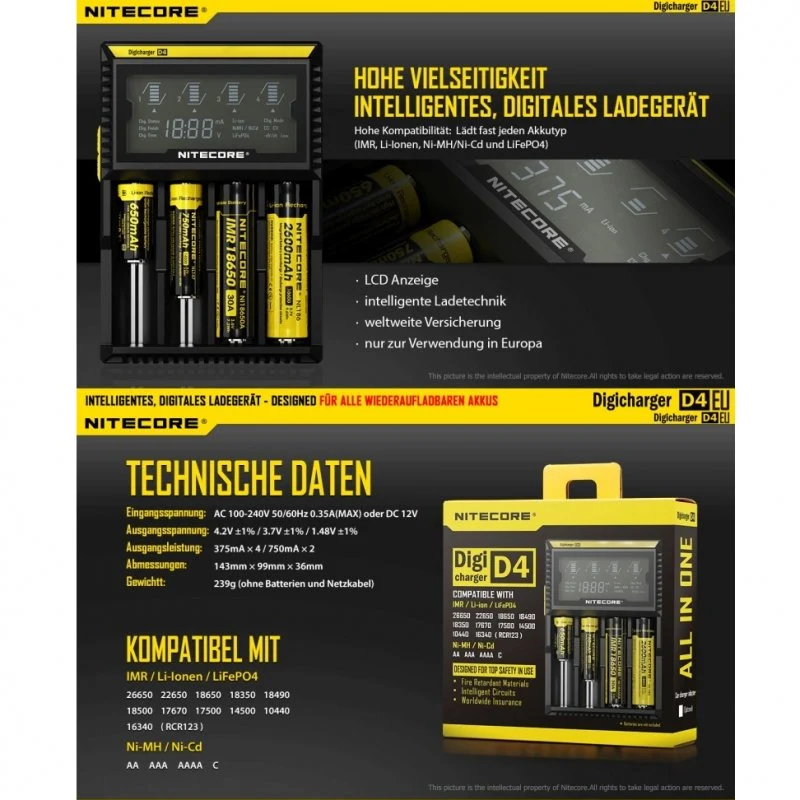 NiteCore Ladegerät Digicharger D4 EU mit Display für AAA, AA, C